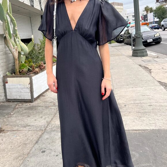 🦋 Lisa Says Gah ! Grace Chiffon Maxi midi Dress flutter sleeves in Black S - Picture 2 of 9